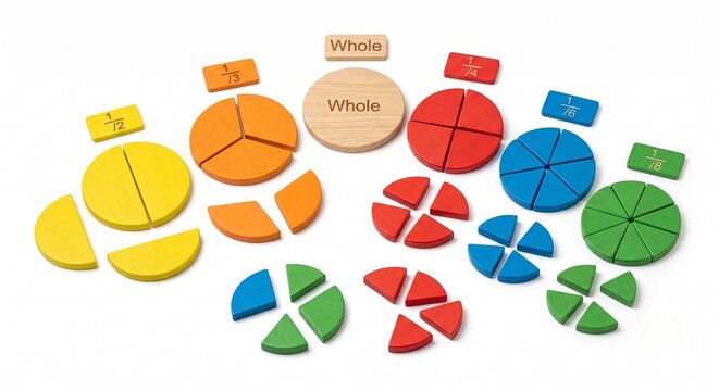 Colorful wooden fraction circles and pieces for math education on a white background.
