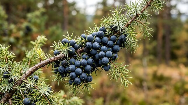 Ripe blue juniper berries growing on a prickly evergreen branch