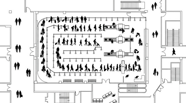 Airport security checkpoint floor plan with queue line traveler and scanner, top view illustration