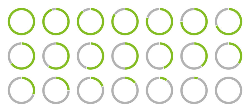 Template of green gray color fill pie charts indicator. Circle diagrams icons for infographics from 100 to 0 percent without numbers. Round graph loading progress set. Green progress bars.