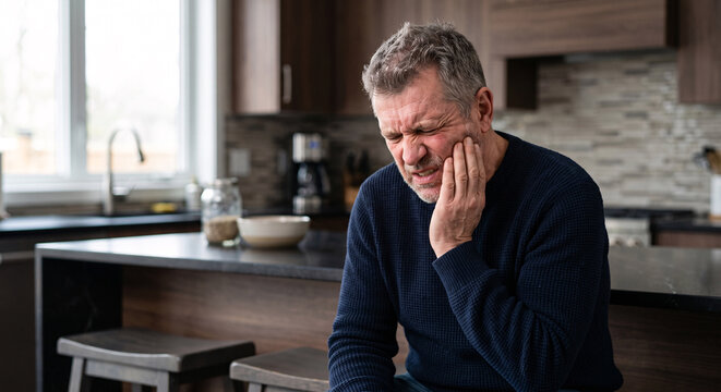 Mature man holding his cheek in pain suffering from severe toothache at home kitchen