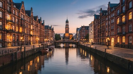 Obraz premium Scenic view of Hamburg Speicherstadt canal with historic brick buildings at twilight in Germany