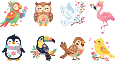 Fototapeta premium Colorful cartoon birds including parrot, owl, dove, flamingo, penguin, toucan, sparrow, and canary illustration