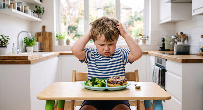 Toddler boy choosing between healthy green broccoli and sweet chocolate donut on a food tray
