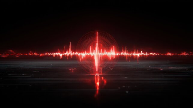Waveform Sphere with Glowing Red Audio Signal on Dark Background, Technology Concept for Sound Analysis and Data Visualization