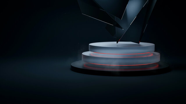 Circular white podium with glowing red light rings on a dark background, with abstract ad, social media download, thambnail template event, festive festival 2026, 2027 2028