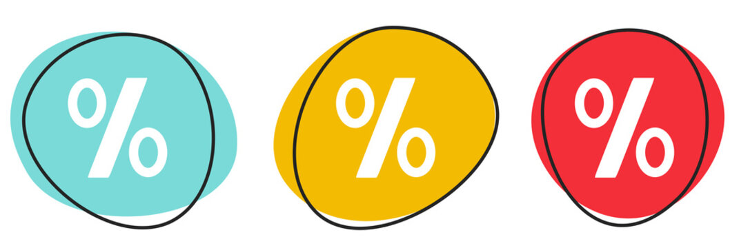 Button Banner Set mit 3 bunten Buttons: Prozent, Zinsen oder Reduziert