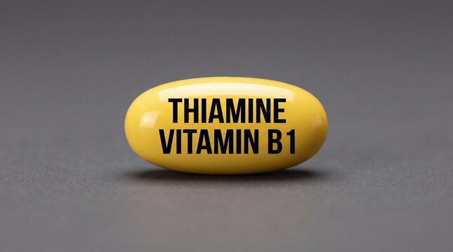 Thiamine vitamin B1 capsule isolated on a dark gray background, close up view of a yellow dietary pill.