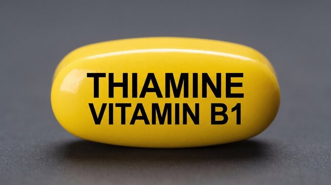 Thiamine vitamin B1 capsule isolated on a dark gray background, close up view of a yellow dietary pill.