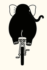Whimsical black-and-white hand-drawn illustration of a large elephant balancing and riding a unicycle, viewed from behind. © Rudi
