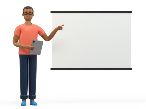 Presenting with tablet, pointing to screen, interactive session