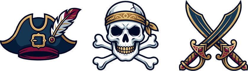 Fototapeta premium Set of three pirate icons featuring a bicorne hat, skull with crossbones, and crossed swords in a mascot style.