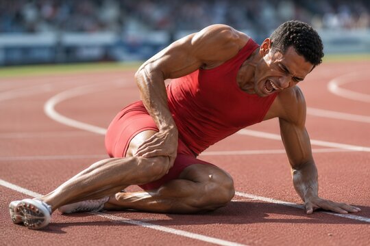Injured male athlete clutching knee on track after sprint race