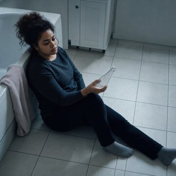 Depressed woman sitting on bathroom floor holding empty alcohol bottle