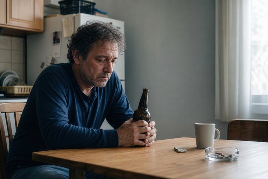 Depressed man holding beer bottle at kitchen table with cigarette and coffee mug
