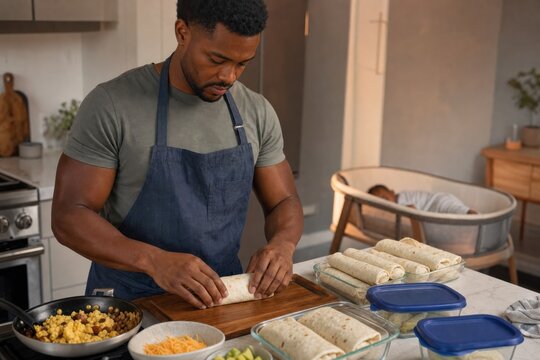 Man preparing homemade burritos in a home kitchen with baby in the background