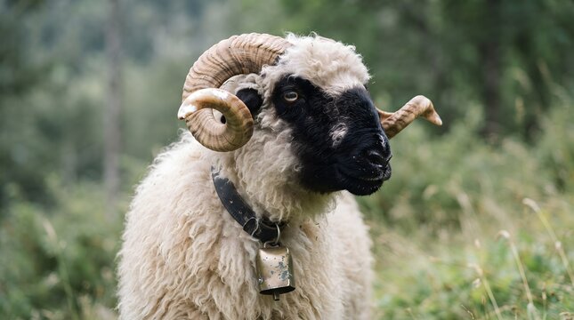 Portrait of a majestic Valais Blacknose sheep with curled horns and a rustic bell in the meadow.