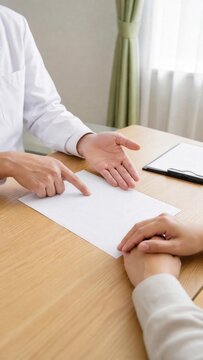 Doctor explaining blank document to patient at desk for medical consul