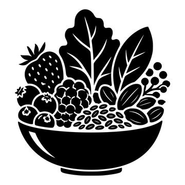 Superfood Bowl with Berries, Greens, Seeds and Nuts, Black Vector Icon for Healthy Nutrition