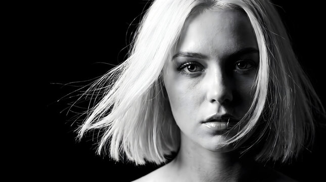 black and white portrait photography, 85mm lens, shallow depth of field, young woman with short platinum blonde bob mid-flip, hair strands frozen mid-motion by strobe flash, single hard key light from