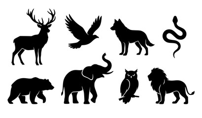Obraz premium Premium Black Animal Silhouette Set with Forest and Safari Wildlife Vector Illustrations