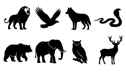 Obraz premium Wildlife Animal Silhouette Vector Collection Featuring Lion Bear Wolf Deer Owl Bird Snake and Elephant