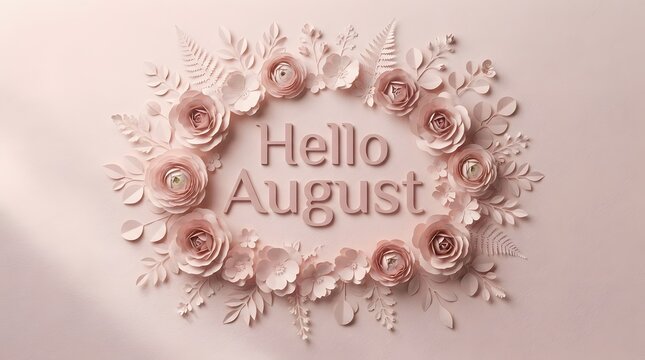 Elegant floral paper art with 'Hello August' text in soft pink