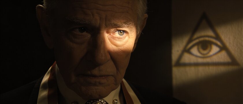 Senior man as a freemason in dark room with shadow of all seeing eye symbol. Secret society member observing mysterious signs. Concept of conspiracy theory and hidden knowledge. Banner with copy space