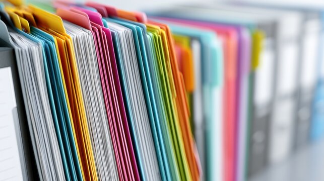 A colorful assortment of files and folders organized on a shelf, showcasing different colors and tab labels