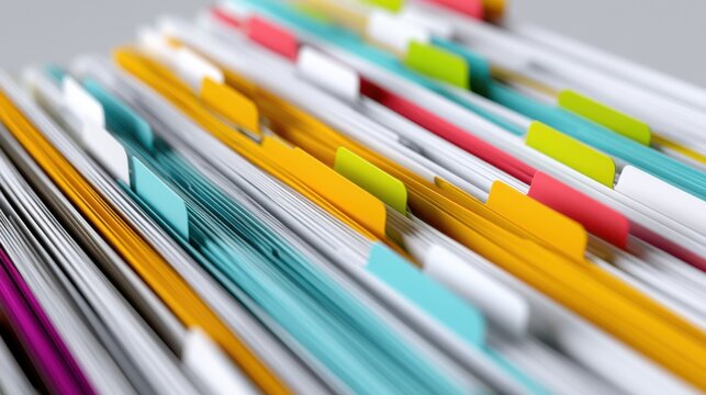 Colorful file folders with tabs neatly organized in a row, suggesting efficient document management and data organization