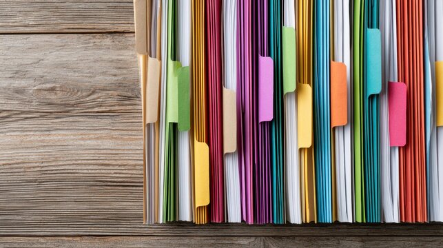 A close-up of colorful hanging file folders arranged neatly on a wooden surface, with tabs in various shades ready for organization