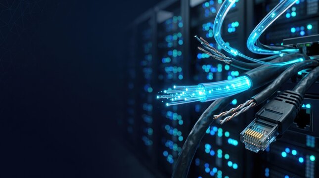 Fiber Optic Network Connectivity Background with Ethernet Cables Server Technology and Copy Space