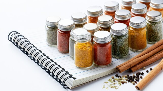 A collection of spice jars arranged on a notebook, accompanied by cinnamon sticks and peppercorns. This setup suggests a culinary or aromatic theme, possibly for recipe creation or spice exploration