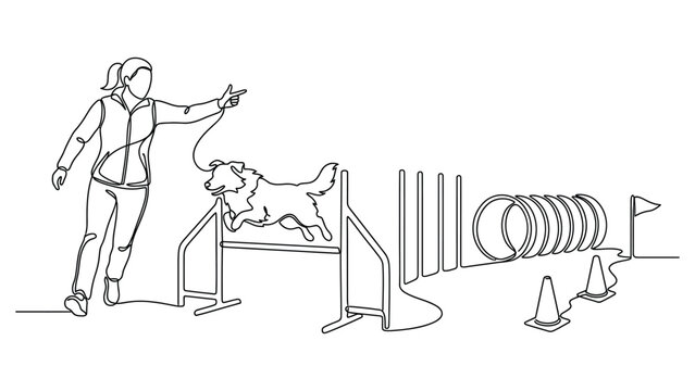 Continuous line drawing of woman training dog in agility competition