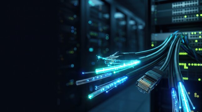 Fiber Optic Network Connectivity Background with Ethernet Cables Server Technology and Copy Space