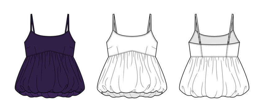 Empire Waist Square Neck Cami Technical Fashion Illustration. Bubble Hem Camisole Vector Template. Front and Back View. Women&rsquo;s Apparel. CAD Mockup Set.