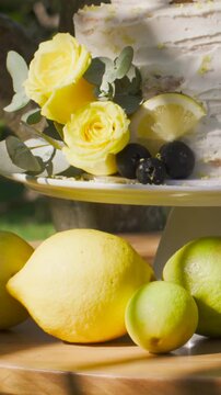 Vertical video: Panning camera showcasing tiered cake on pedestal in garden with lemon wedge, roses