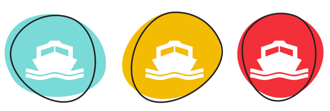 Button Banner Set mit 3 bunten Buttons: Motorboot, Boot oder Schiff Symbol