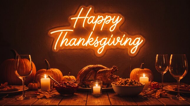 Happy Thanksgiving neon sign glowing over festive dinner table, roasted turkey and autumn pumpkins with candles, warm holiday celebration background