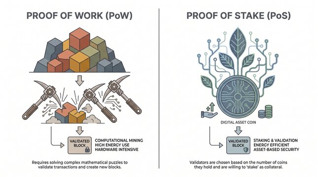 Proof of Work (PoW) vs. Proof of Stake (PoS) blockchain comparison, cryptocurrency mining and validation process, digital asset security, and energy efficiency illustration.