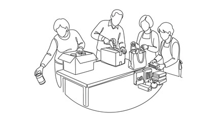 Obraz premium Group of volunteers packing food donations for charity