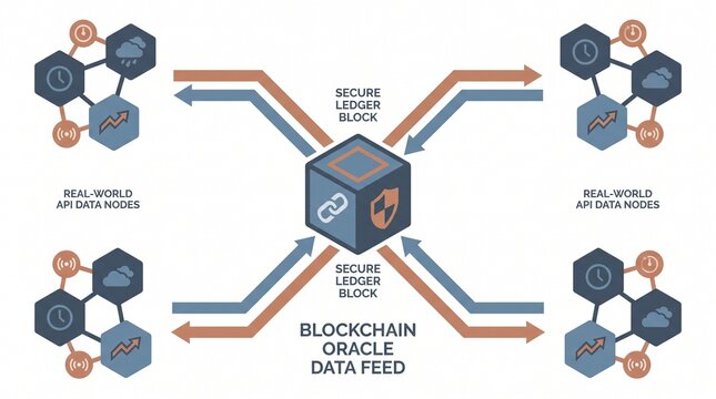 Blockchain Oracle Data Feed, secure ledger block technology, real-world API data nodes, decentralized network illustration, cryptocurrency security system