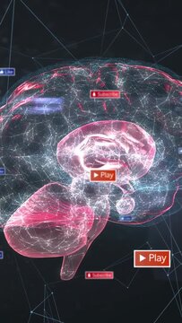 Vertical video: Hologram brain rotating and pulsing on play badge appearing showing neural activity