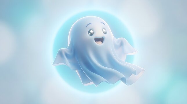 Cute cartoon ghost floating with a glowing blue aura