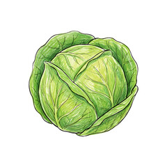 Fototapeta premium Fresh green cabbage vegetable hand drawn illustration with vegetable nutrition ingredient agriculture vegetarian cruciferous botanical isolated