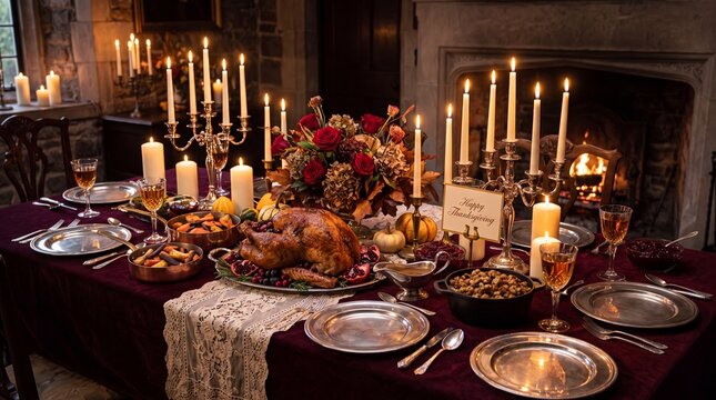 Elegant Thanksgiving dinner table with roasted turkey and candles, festive holiday feast in a rustic dining room, traditional autumn celebration