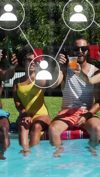 Vertical video: Pool group sitting feet in water, UI nodes showing and urging raising cups for tech