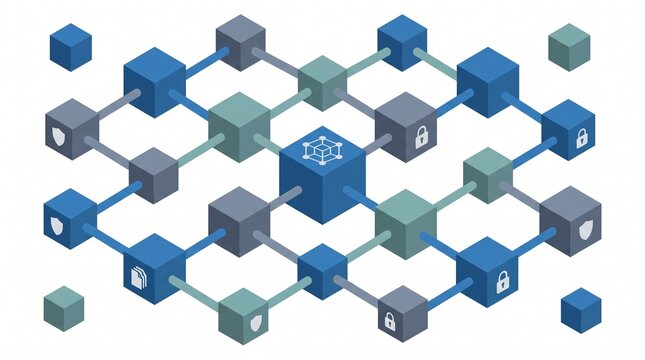 Blockchain network illustration, secure decentralized digital ledger technology, cryptocurrency data chain, fintech and cybersecurity concept