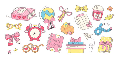 Fototapeta premium Cute cartoon school sticker vector with girly coquette bow, ribbon pattern and books clipart. Adorable kawaii illustration with retro groovy elements for teacher journal and classroom supplies.