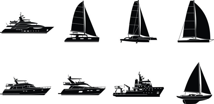 Silhouettes of Boats and Yachts for Nautical and Marine Design Projects